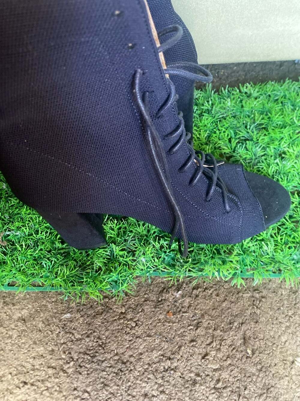 Blue knit Design Lace Up Peep Toe Sock Boots in Black Mesh